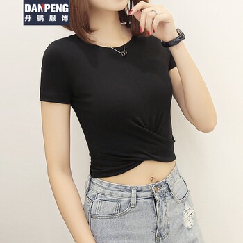 短款高腰紧身短袖t恤女夏修身漏脐露肚脐装 黑色 m