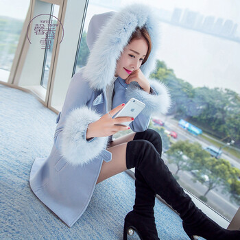 馨香雪2015秋冬新品修身显瘦连帽毛呢大衣女中长款韩版呢子大衣女加厚外套 蓝色 M