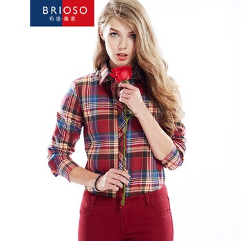 BRIOSO 2015秋装新款保暖女款格子衬衫 女加绒加厚纯棉韩版修身长袖衬衣 B1540043 L