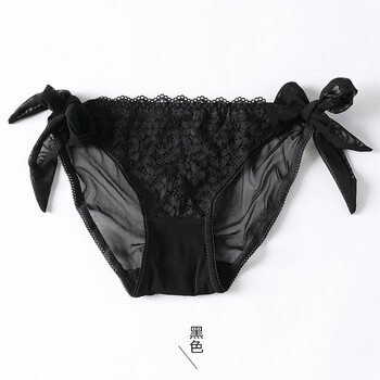 少女系带女士内裤薄透气网纱性感透明蕾丝面料棉裆中低腰三角裤 黑色