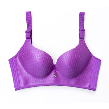 北极绒无钢圈文胸格纹性感聚拢女士内衣上托收副乳胸罩薄 紫色b 85b