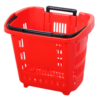 超市购物篮子塑料加厚带轮式手提式拉杆式储物篮水果篮 红色