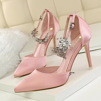 夏季新款欧美夜店性感尖头高跟鞋女细跟百搭水钻一字扣凉鞋潮 粉色 39