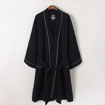 2017春夏季长袖棉情侣睡袍色浴袍男女棉华夫格吸水浴衣春秋 黑色-男款