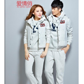 爱情俏新款男女卫衣三件套加绒加厚运动服棉质情侣装运动套装s826 蓝 M