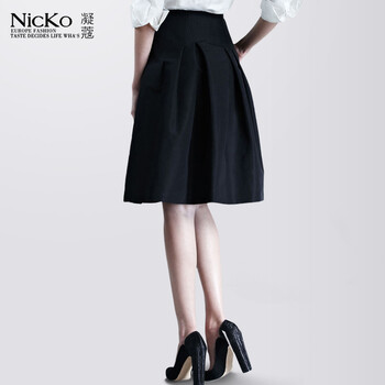 [货到付款]NICKO 2014新款春装欧美大牌纯色收腰女式高腰半身裙 文艺范裙子043 藏蓝色 L