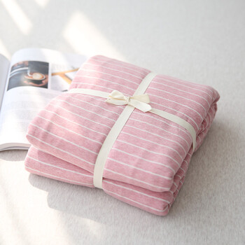 风格针织棉条纹被套棉新疆棉天竺棉被罩床上用品 粉白细条单个被套