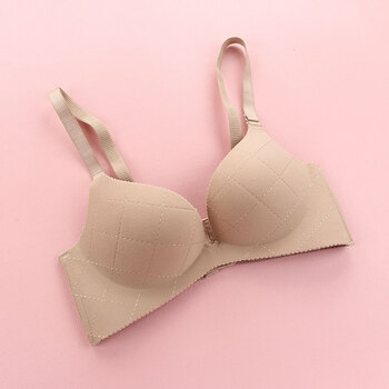 磨毛经典格子刺绣一片式无痕文胸女调整型舒适厚模杯超聚拢内衣 肤色