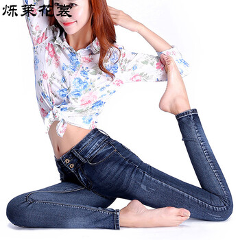 烁莱花裳2015秋冬新款加绒加厚高腰牛仔裤女 小脚铅笔裤585 深蓝色加绒 28码