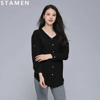 
                                        stamen心仪所选 丝质小立领珠扣千鸟格雪纺印花衬衫女长袖上衣衬衣2018春季新款修身显 千鸟格雅蓝的 M                