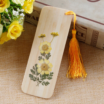 天然手工真花干花书签 时尚鲜花竹制礼物 创意流苏木质竹片书签 两朵