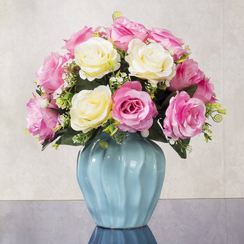 花装饰玫瑰花套装摆件客厅餐桌绢花陶瓷花瓶 宝蓝色香水玫瑰 白水纹瓶