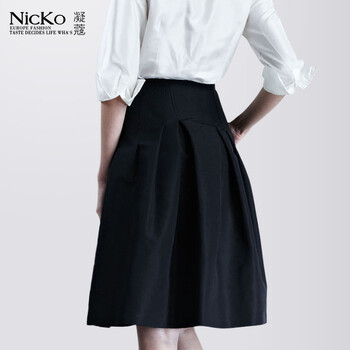 [货到付款]NICKO 2014新款春装欧美大牌纯色收腰女式高腰半身裙 文艺范裙子043 藏蓝色 L