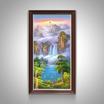 手绘油画中式入户玄关装饰画竖版走廊过道挂画聚宝盆山水画风景画有框
