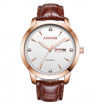 贝罗仕手表 时尚潮流男表 日历 星期 皮带夜光石英腕表 金壳白面棕带