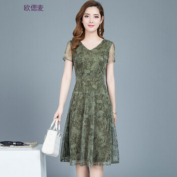 欧偲麦 雪纺碎花连衣裙中长款休闲长裙子夏季v领连衣裙短袖时尚女 