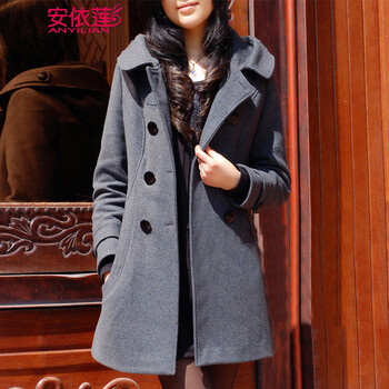 
                                        安依莲毛呢大衣女 韩版女装冬季新款双排口大码中长款加厚连帽外套 灰色普通款 L                