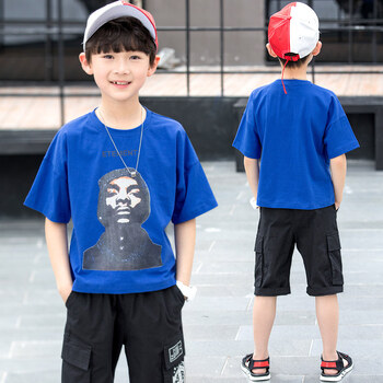 儿童装男童夏装2018新款中大童9套装10夏季13韩版男孩短袖15岁潮 蓝色