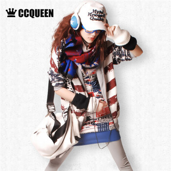 Ccqueen秋装新款街头做旧潮流休闲国旗印花连帽卫衣开衫夹克外套 枣蓝星条旗 L