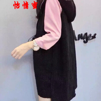 怡情蜜 2015秋冬韩版修身显瘦中长款仿羊羔毛绒无袖连帽背心马甲女外套 黑色 S