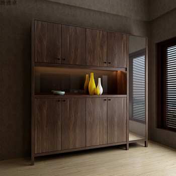 鞋柜门厅柜多功能镜面玄关柜 定制板式衣帽柜组合简约现代 黑胡桃色四