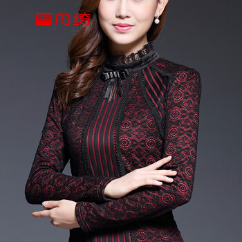 雪舟绮  2015秋冬新款女装雪纺衫大码上衣加绒加厚蕾丝衫女长袖打底衫A8806 黑色 M