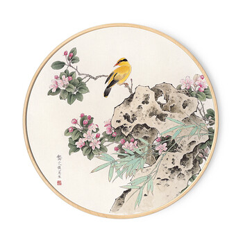 实木圆形水墨山水花鸟国画新中式玄关装饰画客厅背景挂画餐厅壁画