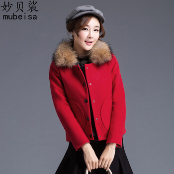 妙贝裟 2015秋季新款短款纯色毛呢短外套 女 红色 L