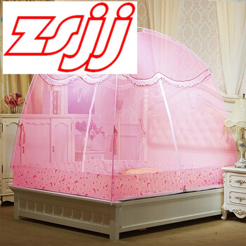 蒙古包蚊帐双开门有底圆顶拉链式蚊帐 粉色 1.5米x2米