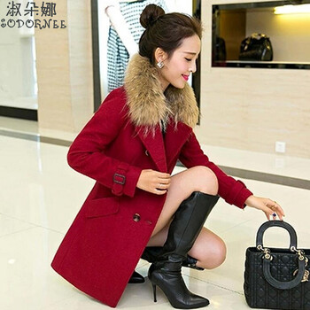 淑朵娜毛呢大衣女2016冬装中长款韩版修身呢子外套2030 红色 XL