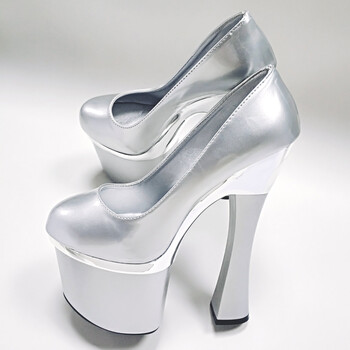 恨天高粗跟走秀女鞋 18cm/20厘米超高跟单鞋 夜场演出礼服鞋新 银色