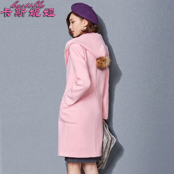 卡斯妮娅2015冬季新款中长款女式带帽毛呢大衣加厚夹棉宽松款KS-1585 粉红色 M