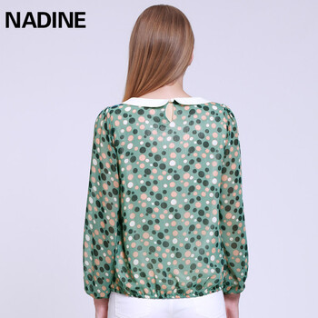 Nadine秋装韩版印花雪纺衫女长袖小清新娃娃领女装雪纺打底衫上衣 多彩圆点 S