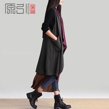原引WEEYIIN2016年春装新款韩版女装两面穿马甲休闲宽松大码拼色外套 紫色拼灰色 均码