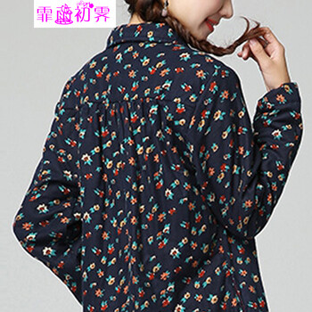 霏雨初霁2015秋冬长袖衬衫女夹棉文艺碎花大码中长款套头衬衣外套410 藏青色 L