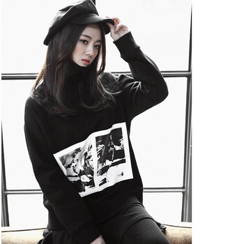 shezglobal韩国SZ秋冬新品中长款女装印花休闲复古高领上衣套头卫衣 黑色 均码