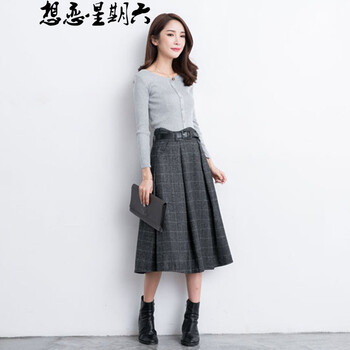 想恋星期六2015秋冬毛呢百褶半身裙高腰修身中长裙简约格子呢子大摆裙A字长裙1561# 灰色 XXL