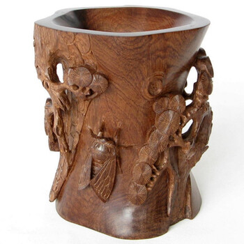 h工艺品木雕刻摆件 松树知了笔筒 办公礼物商务礼品