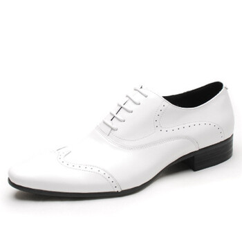 白色皮鞋男真皮商务正装尖头透气宴会男士布洛克雕花白皮鞋 白色 37