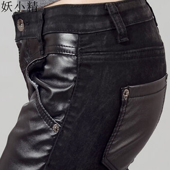 妖小精 牛仔裤女 2015秋冬新款PU拼接皮裤女牛仔靴裤小脚裤显瘦打底裤女 黑色普通808 26码(建议选大一码)