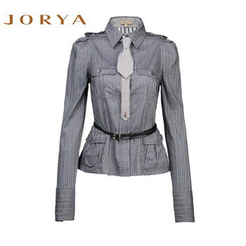 JORYA欣贺卓雅英伦气质简约OL通勤修身条纹长袖衬衣上衣女11JY401 灰色 无腰带 6