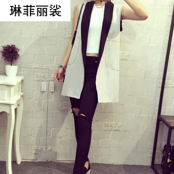 琳菲丽裟2015秋冬季女装新款拼接色翻领中长款显瘦无袖小西装马夹女薄款外套马甲B668 灰色 均码