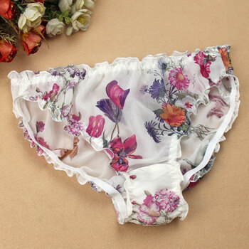 超性感 薄纱透气真丝内裤荷叶花边乔其纱女中腰大码透明三角裤 百花园