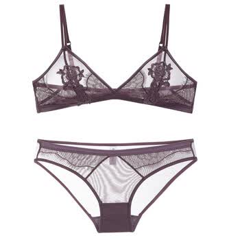 蕾丝网纱透明内衣女无钢圈情趣款文胸罩套装 紫色 m=34=75a/b/c