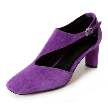 紫色单鞋镂空方头中跟配礼服的高跟鞋女真皮宴会百搭2018流行女 紫色