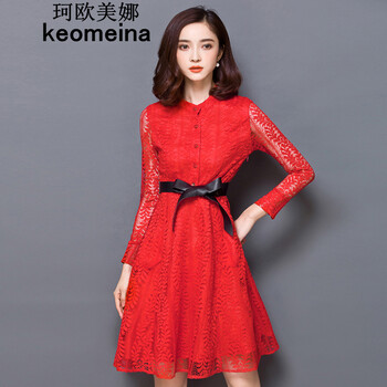 2016春季新款女装韩版修身中长款蕾丝镂空连衣裙打底裙 红色 XL