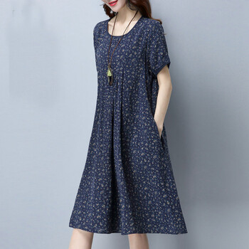 夏天中年人少妇女装全棉布小碎花连衣裙子中长款宽松大码休闲长裙