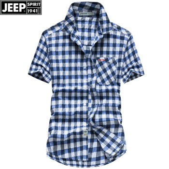 吉普（JEEP）格子短袖衬衫男薄款夏季时尚休闲棉质衬衣男青年短袖格子上衣大码 蓝色 L建议体重145左右