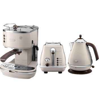 德龙(Delonghi)家用泵压意式半自动咖啡机全不锈钢ECO310/311复古多士炉吐司机热水壶 ECO310+水壶+多士炉(三件套奶油白)