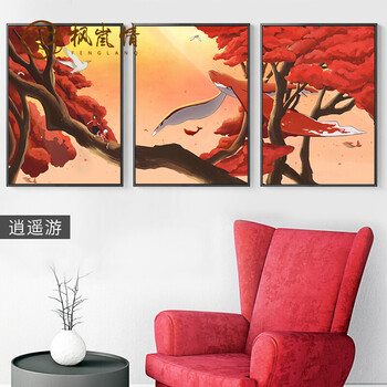 日式大鱼海棠电影海报大气装饰画客厅沙发背景书房鲸鱼浮世绘墙画